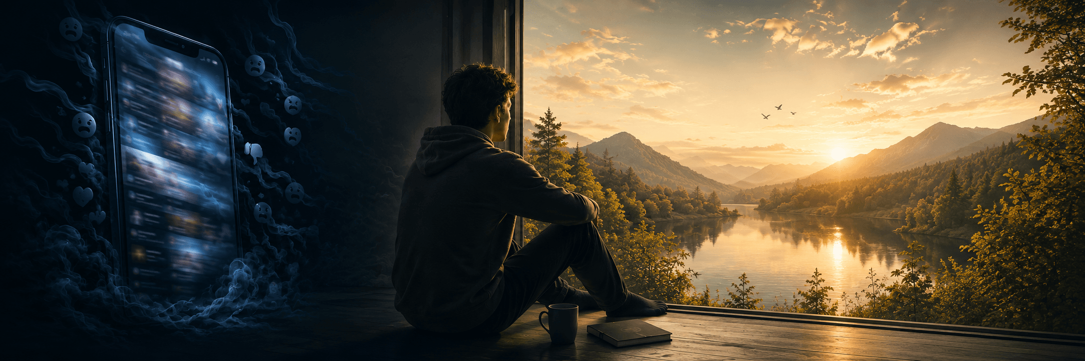 Stop Doomscrolling — a person looking up from their phone toward a lake in the mountains.